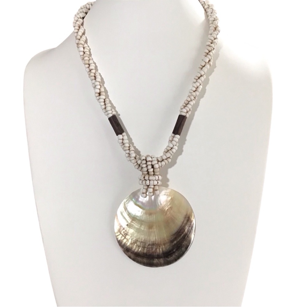 Natural Shell Necklace Pendant Twisted Beaded Iridescent Button Style Jewelry